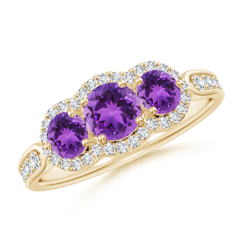 5mm AAA Floating Three Stone Amethyst Ring with Diamond Halo in Yellow Gold 