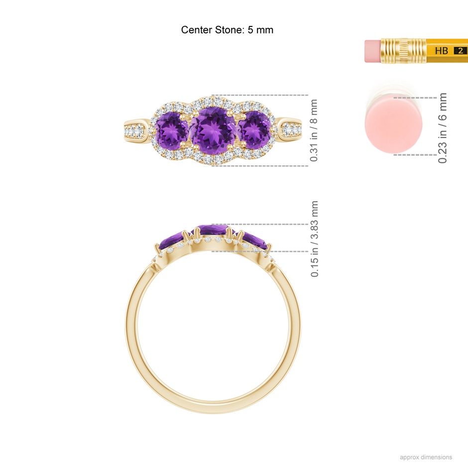 5mm AAA Floating Three Stone Amethyst Ring with Diamond Halo in Yellow Gold ruler