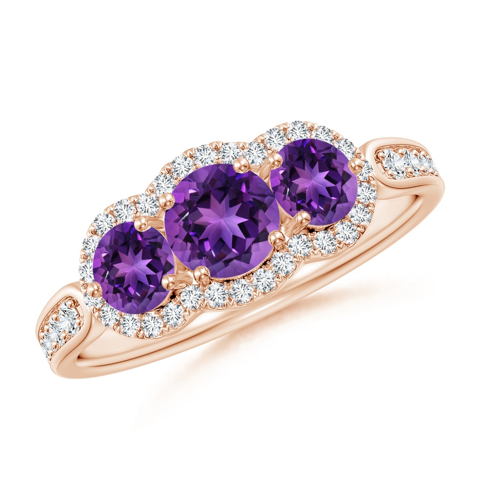 5mm AAAA Floating Three Stone Amethyst Ring with Diamond Halo in Rose Gold 
