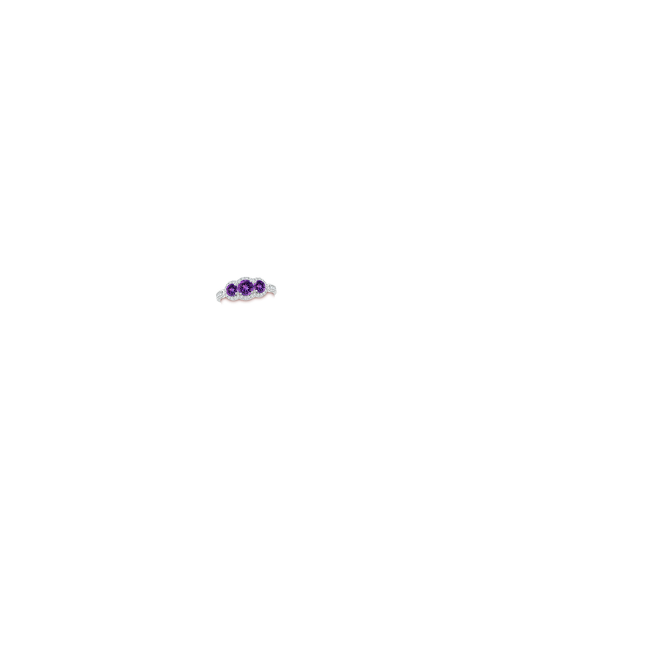 5mm AAAA Floating Three Stone Amethyst Ring with Diamond Halo in White Gold body-hand