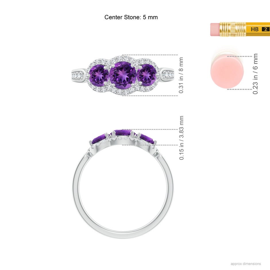 5mm AAAA Floating Three Stone Amethyst Ring with Diamond Halo in White Gold ruler