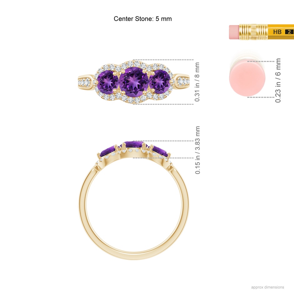 5mm AAAA Floating Three Stone Amethyst Ring with Diamond Halo in Yellow Gold ruler