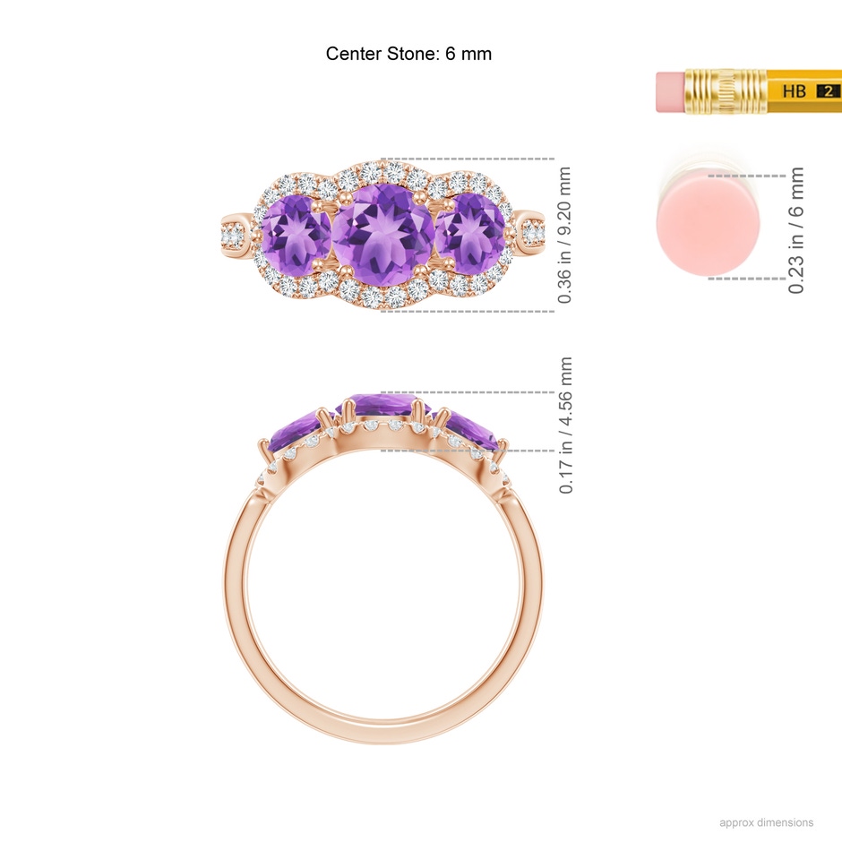 6mm A Floating Three Stone Amethyst Ring with Diamond Halo in Rose Gold ruler