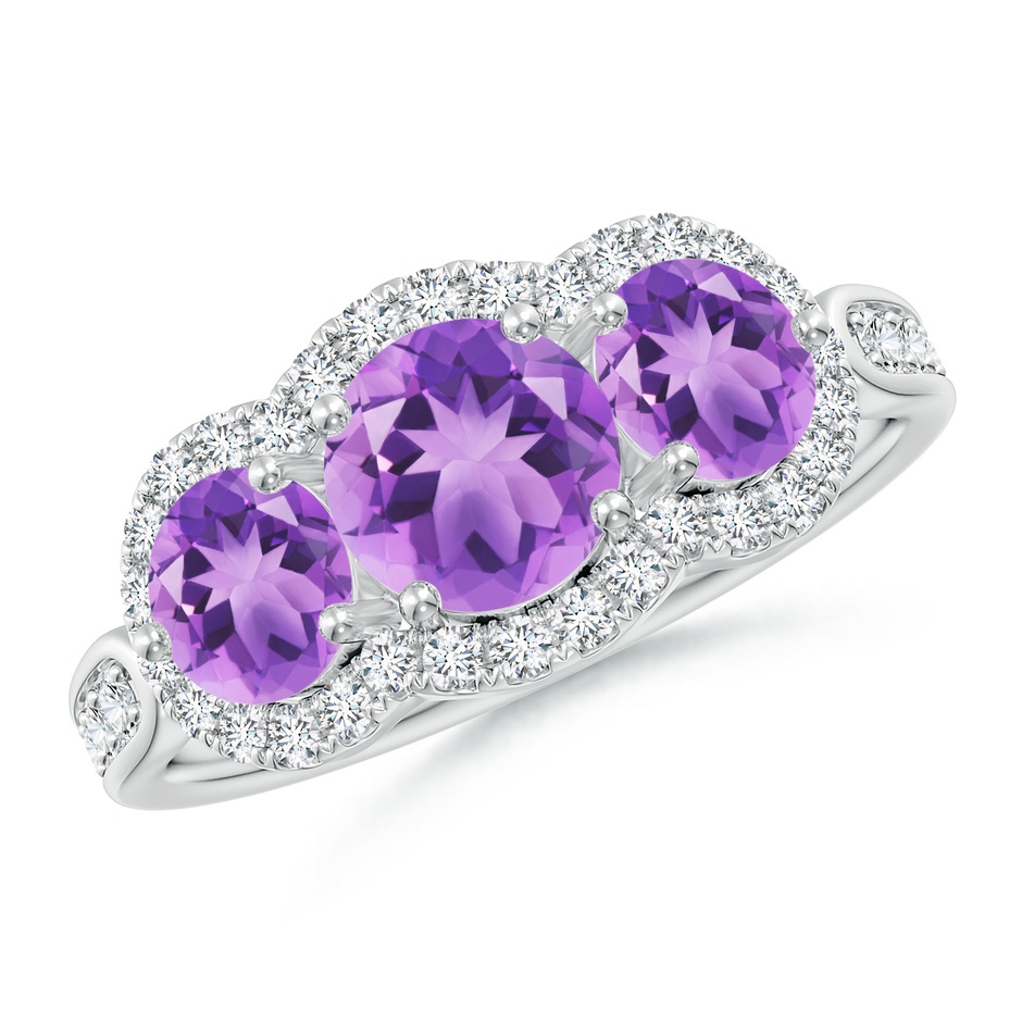 6mm A Floating Three Stone Amethyst Ring with Diamond Halo in White Gold 