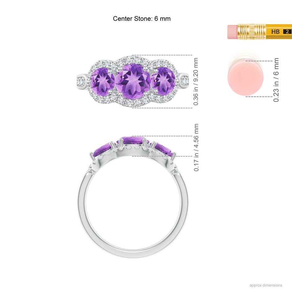6mm A Floating Three Stone Amethyst Ring with Diamond Halo in White Gold ruler
