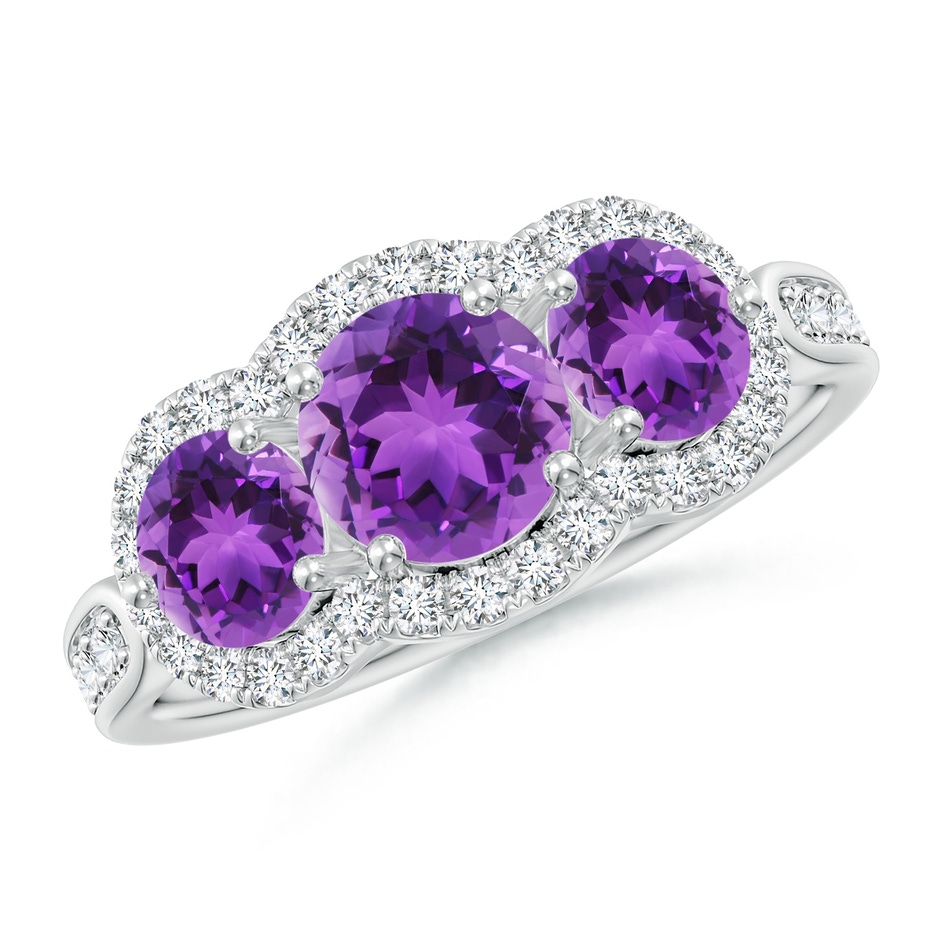 6mm AAA Floating Three Stone Amethyst Ring with Diamond Halo in White Gold 