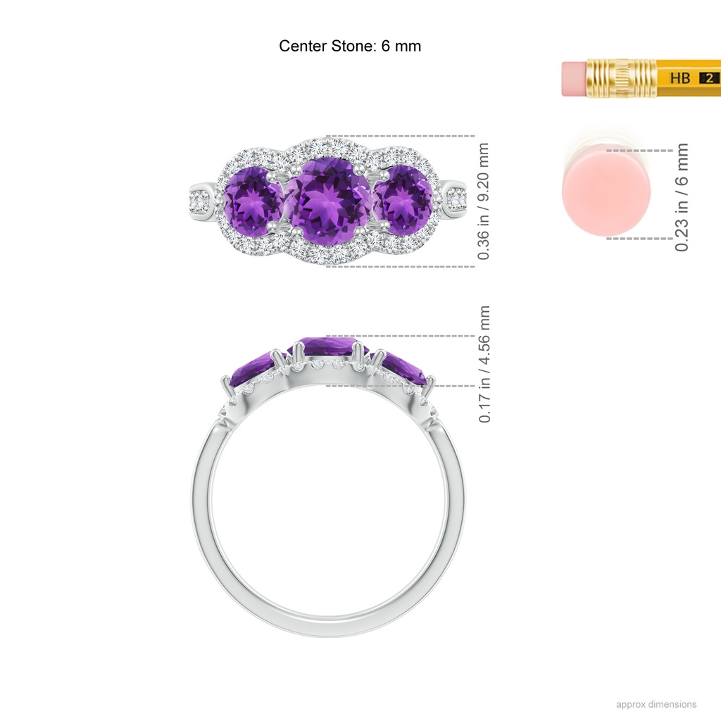 6mm AAA Floating Three Stone Amethyst Ring with Diamond Halo in White Gold Ruler