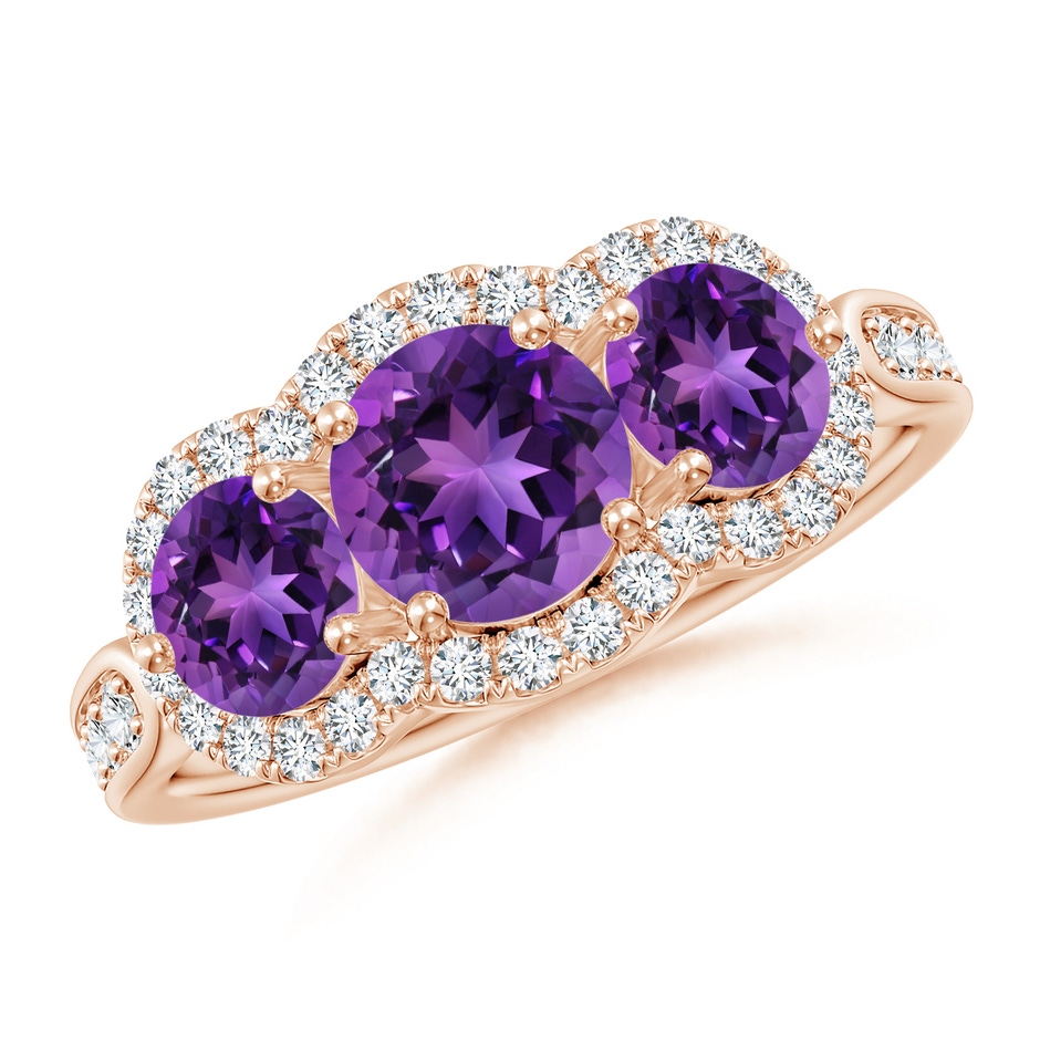 6mm AAAA Floating Three Stone Amethyst Ring with Diamond Halo in Rose Gold 