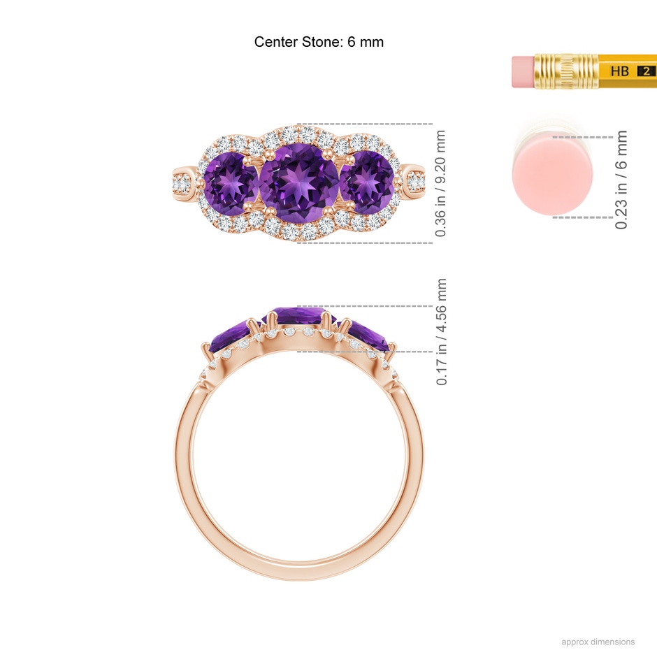 6mm AAAA Floating Three Stone Amethyst Ring with Diamond Halo in Rose Gold ruler