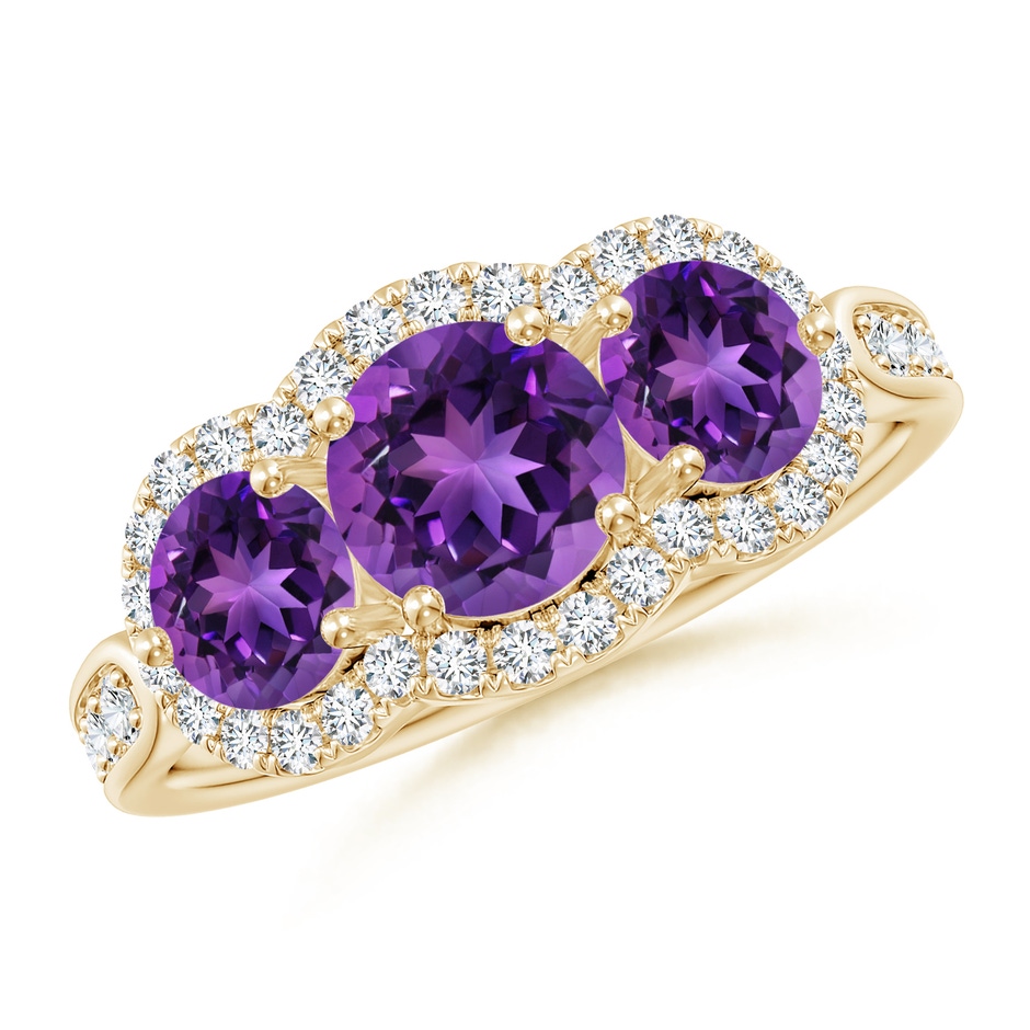 6mm AAAA Floating Three Stone Amethyst Ring with Diamond Halo in Yellow Gold 