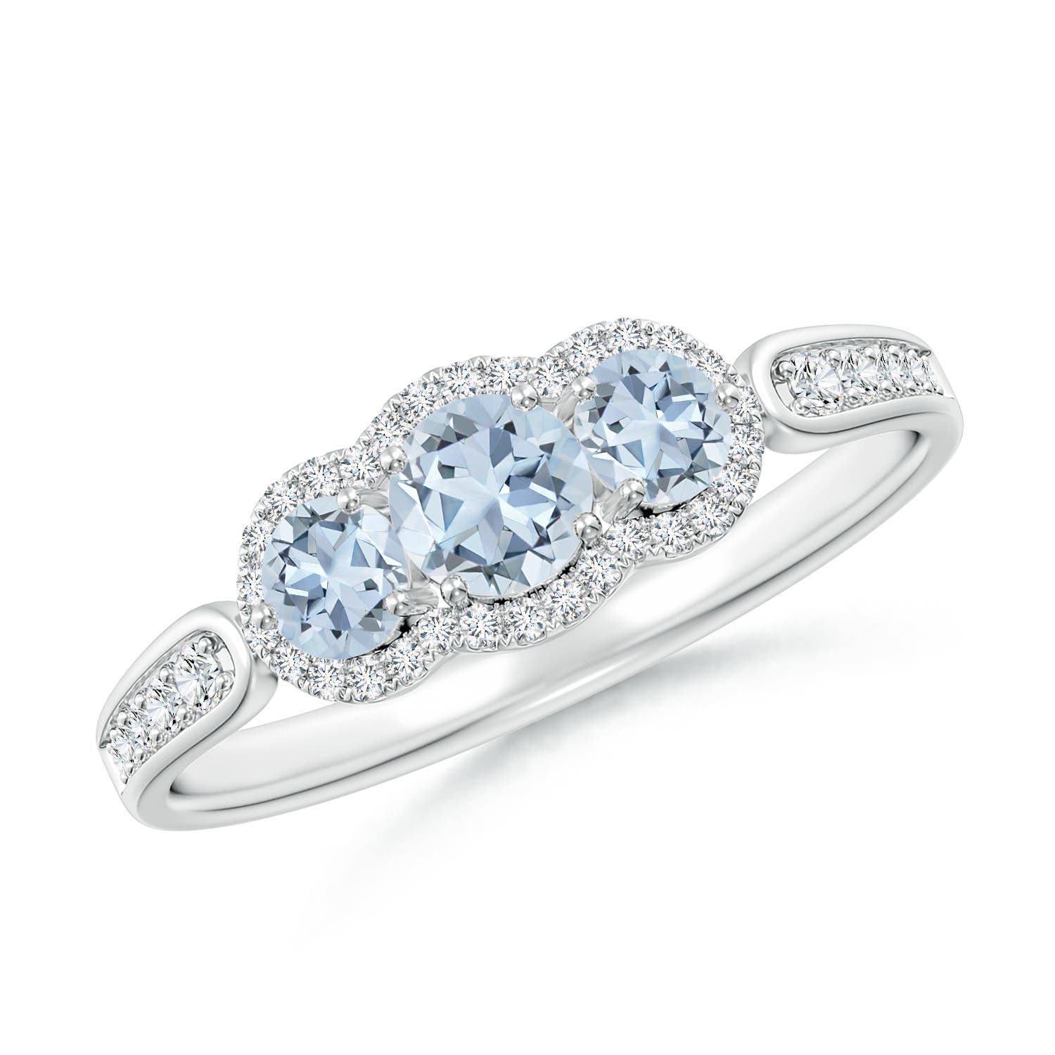 4mm A Floating Three Stone Aquamarine Ring with Diamond Halo in P950 Platinum