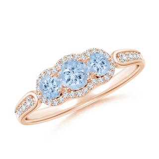 4mm AA Floating Three Stone Aquamarine Ring with Diamond Halo in Rose Gold