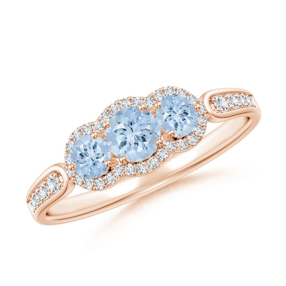 4mm AA Floating Three Stone Aquamarine Ring with Diamond Halo in Rose Gold 