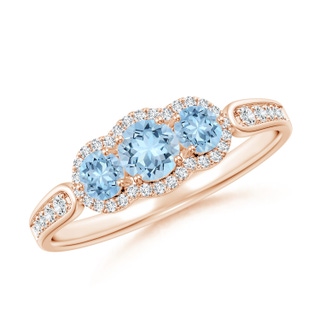 4mm AAA Floating Three Stone Aquamarine Ring with Diamond Halo in 9K Rose Gold