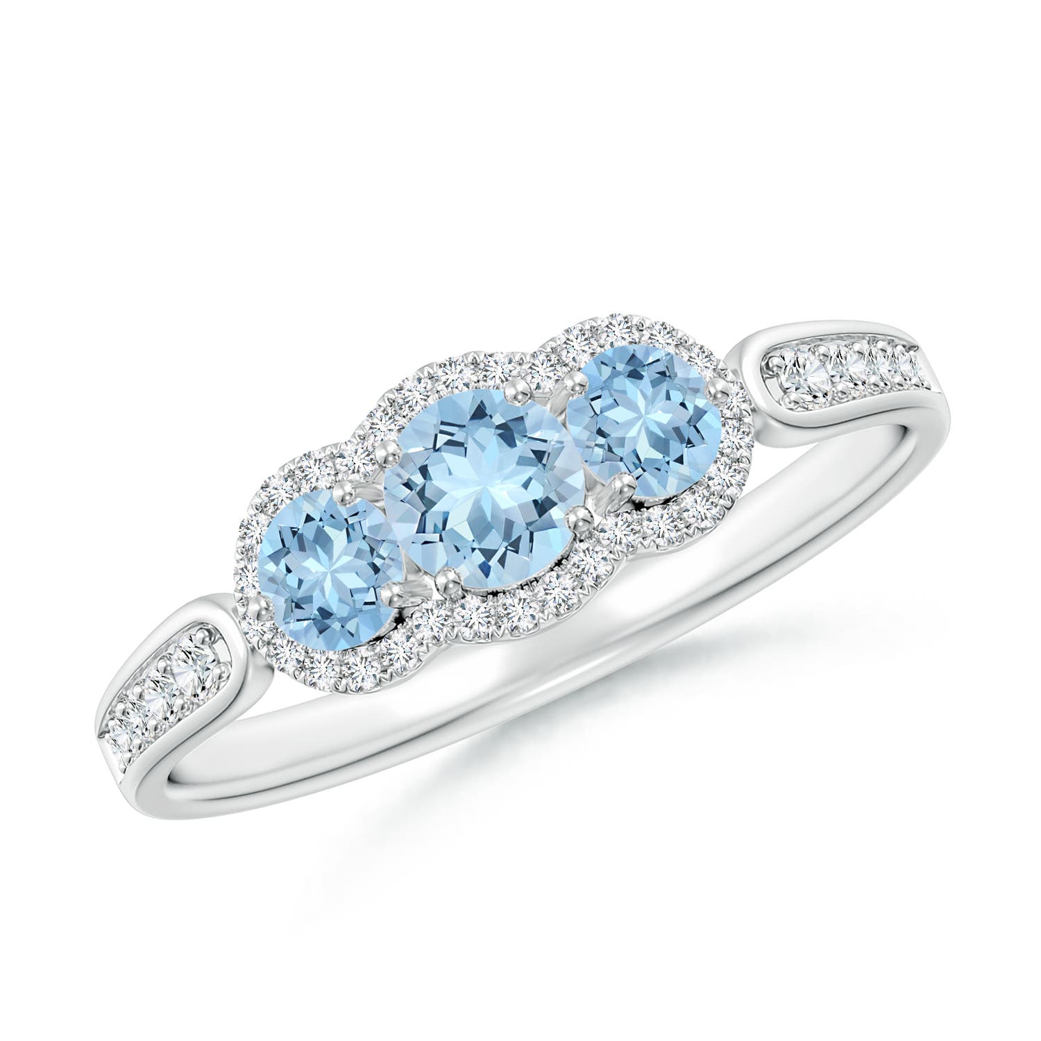 4mm AAA Floating Three Stone Aquamarine Ring with Diamond Halo in P950 Platinum