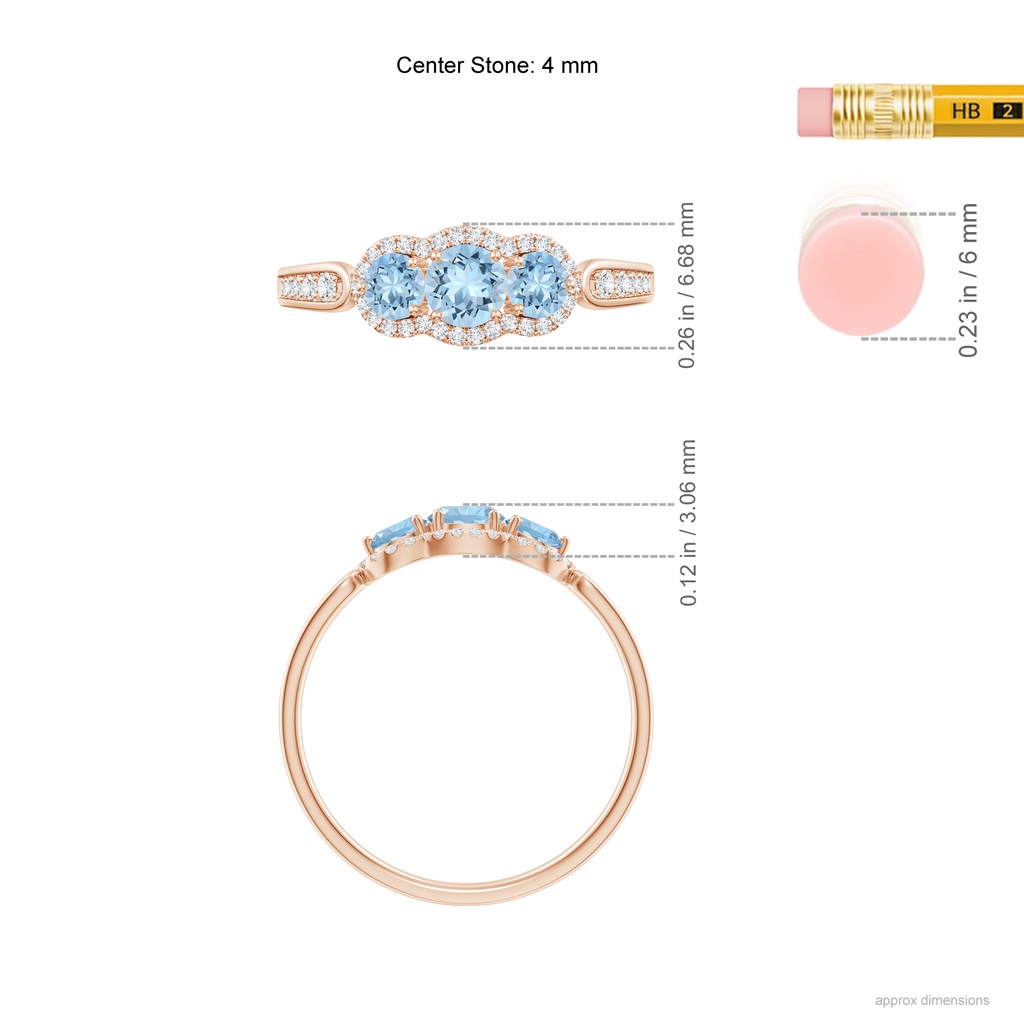 4mm AAA Floating Three Stone Aquamarine Ring with Diamond Halo in Rose Gold Ruler