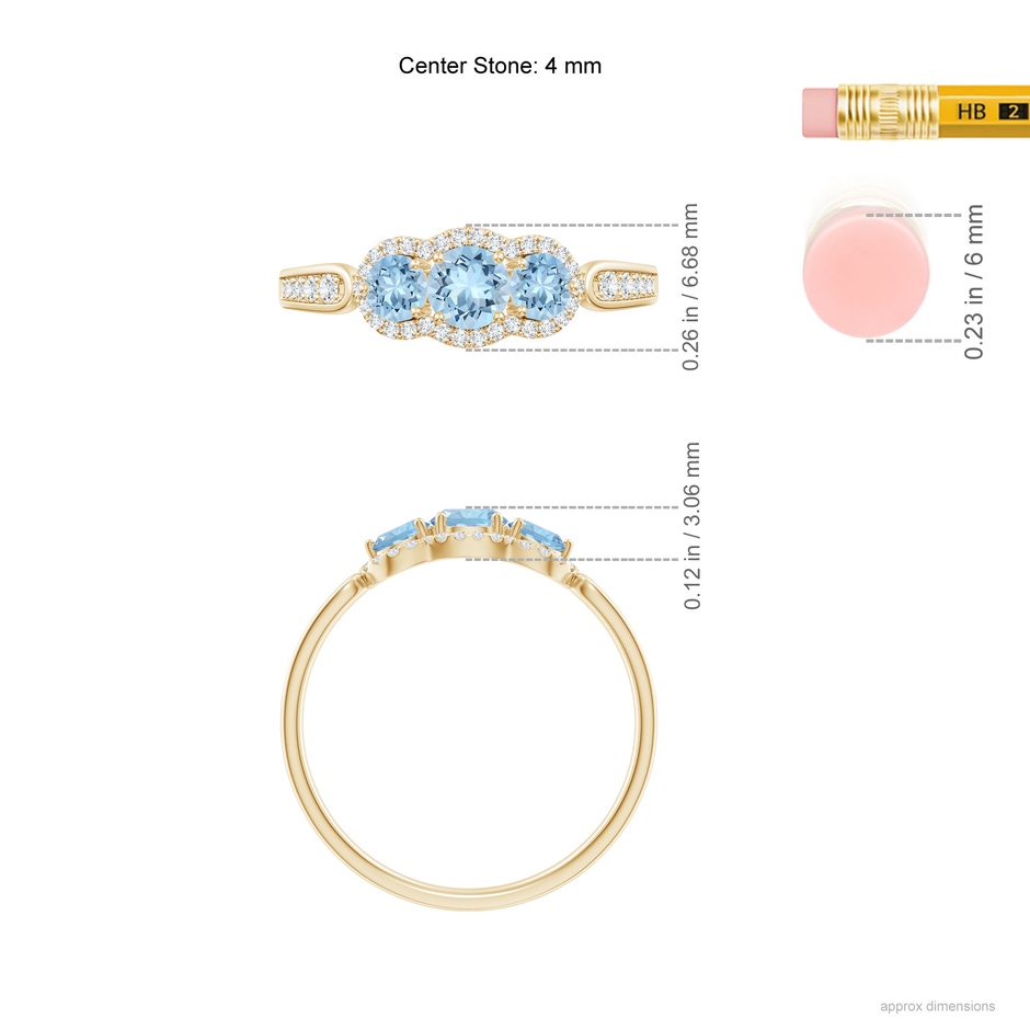 4mm AAA Floating Three Stone Aquamarine Ring with Diamond Halo in Yellow Gold ruler
