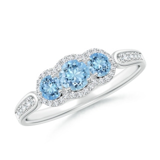 4mm AAAA Floating Three Stone Aquamarine Ring with Diamond Halo in P950 Platinum