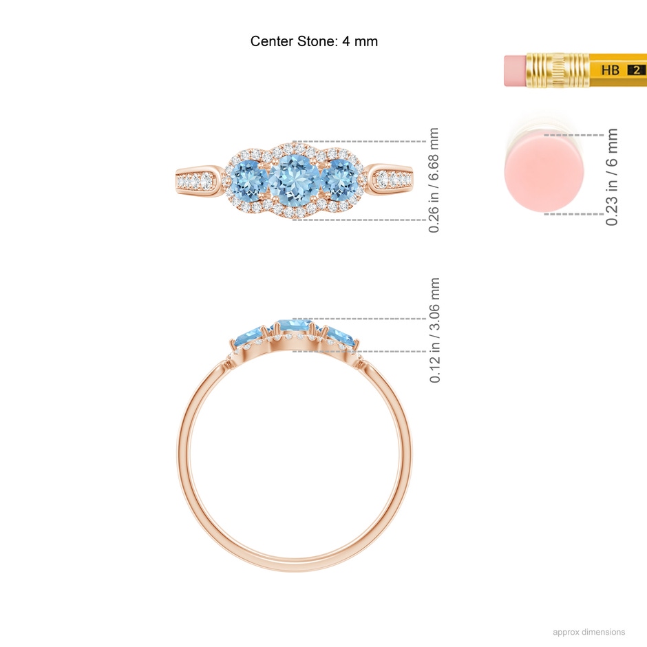 4mm AAAA Floating Three Stone Aquamarine Ring with Diamond Halo in Rose Gold ruler