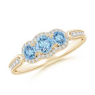 4mm AAAA Floating Three Stone Aquamarine Ring with Diamond Halo in Yellow Gold