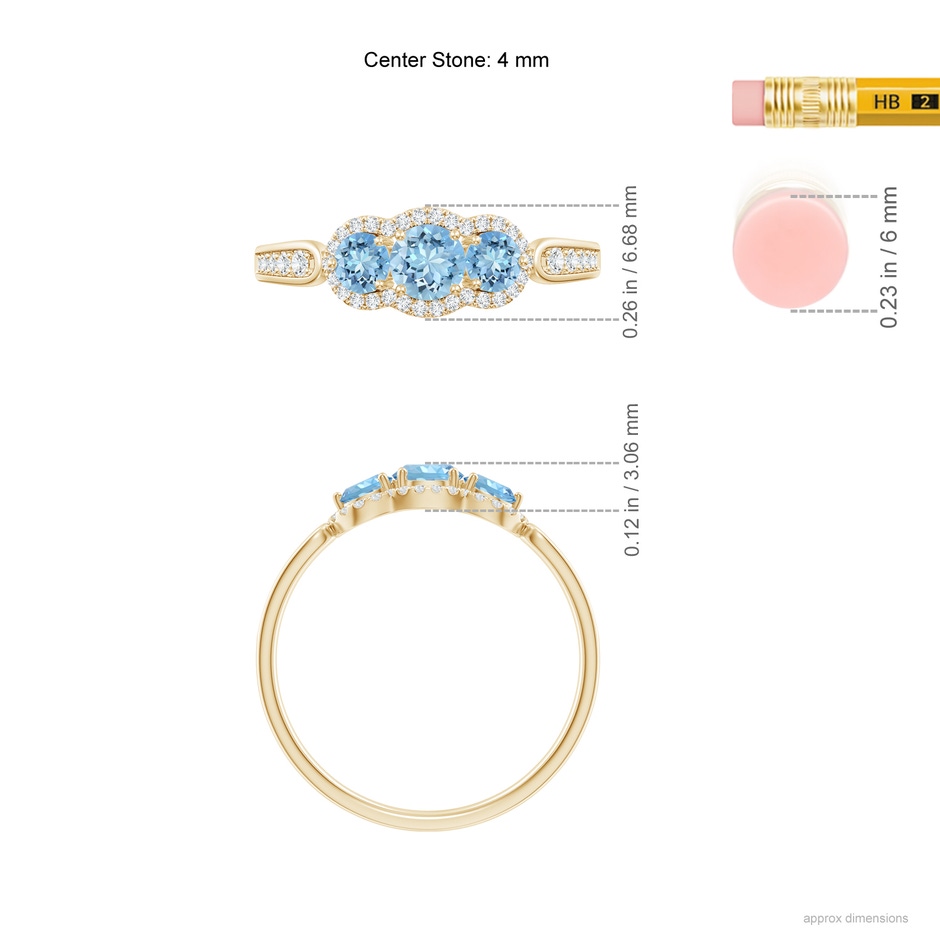4mm AAAA Floating Three Stone Aquamarine Ring with Diamond Halo in Yellow Gold ruler