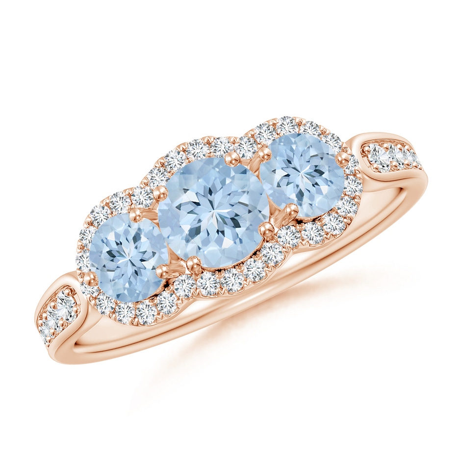 5mm AA Floating Three Stone Aquamarine Ring with Diamond Halo in Rose Gold 