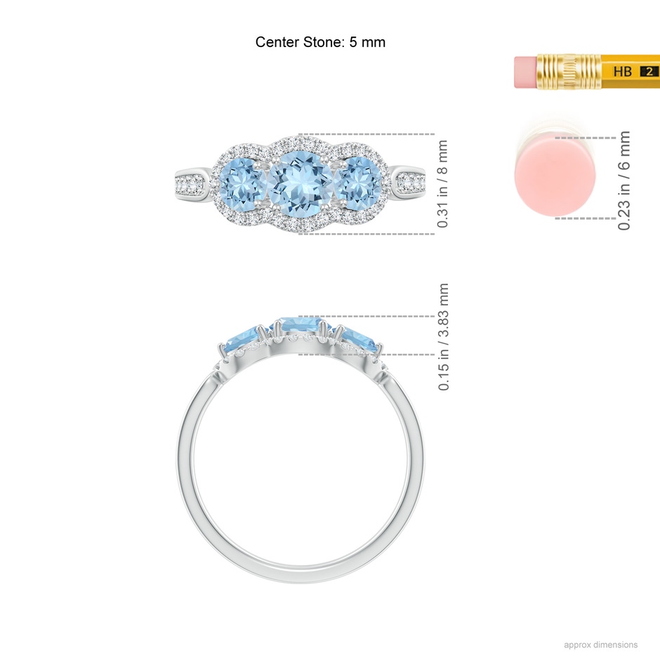 5mm AAA Floating Three Stone Aquamarine Ring with Diamond Halo in White Gold ruler