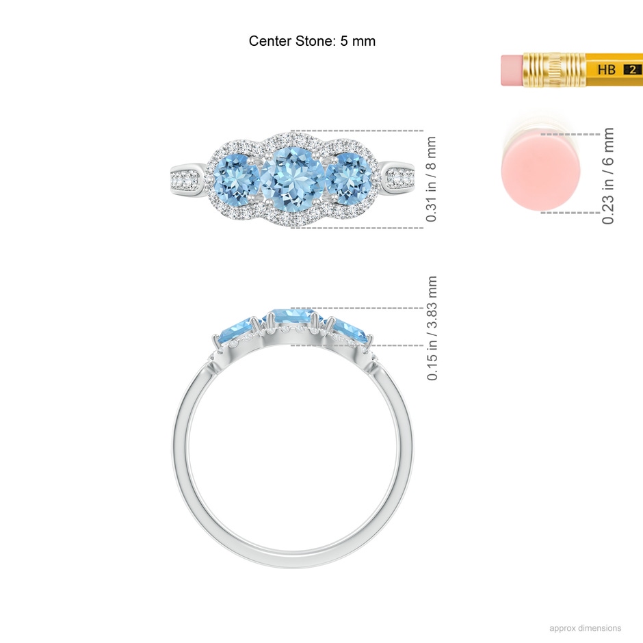 5mm AAAA Floating Three Stone Aquamarine Ring with Diamond Halo in White Gold ruler