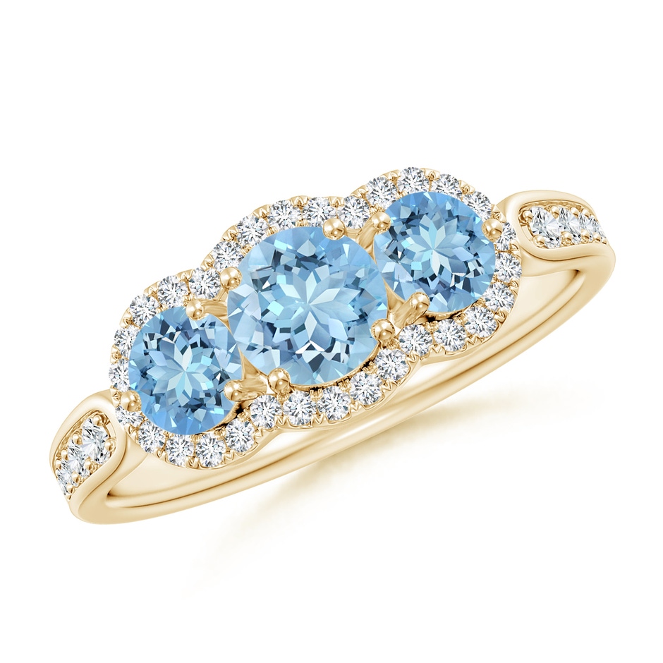 5mm AAAA Floating Three Stone Aquamarine Ring with Diamond Halo in Yellow Gold 