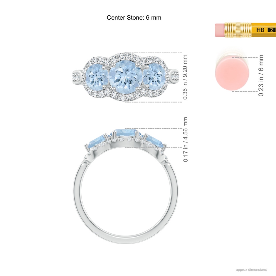 6mm AA Floating Three Stone Aquamarine Ring with Diamond Halo in 18K White Gold ruler