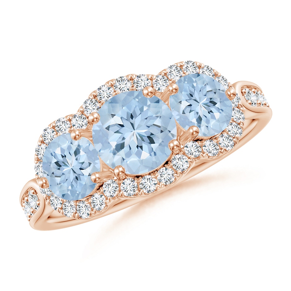 6mm AA Floating Three Stone Aquamarine Ring with Diamond Halo in Rose Gold 