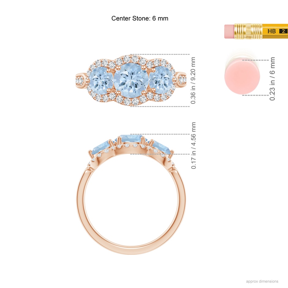 6mm AA Floating Three Stone Aquamarine Ring with Diamond Halo in Rose Gold ruler