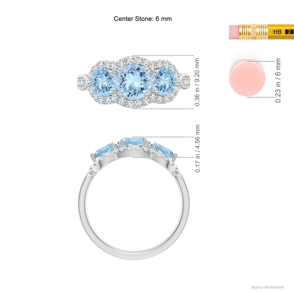 6mm AAA Floating Three Stone Aquamarine Ring with Diamond Halo in White Gold ruler