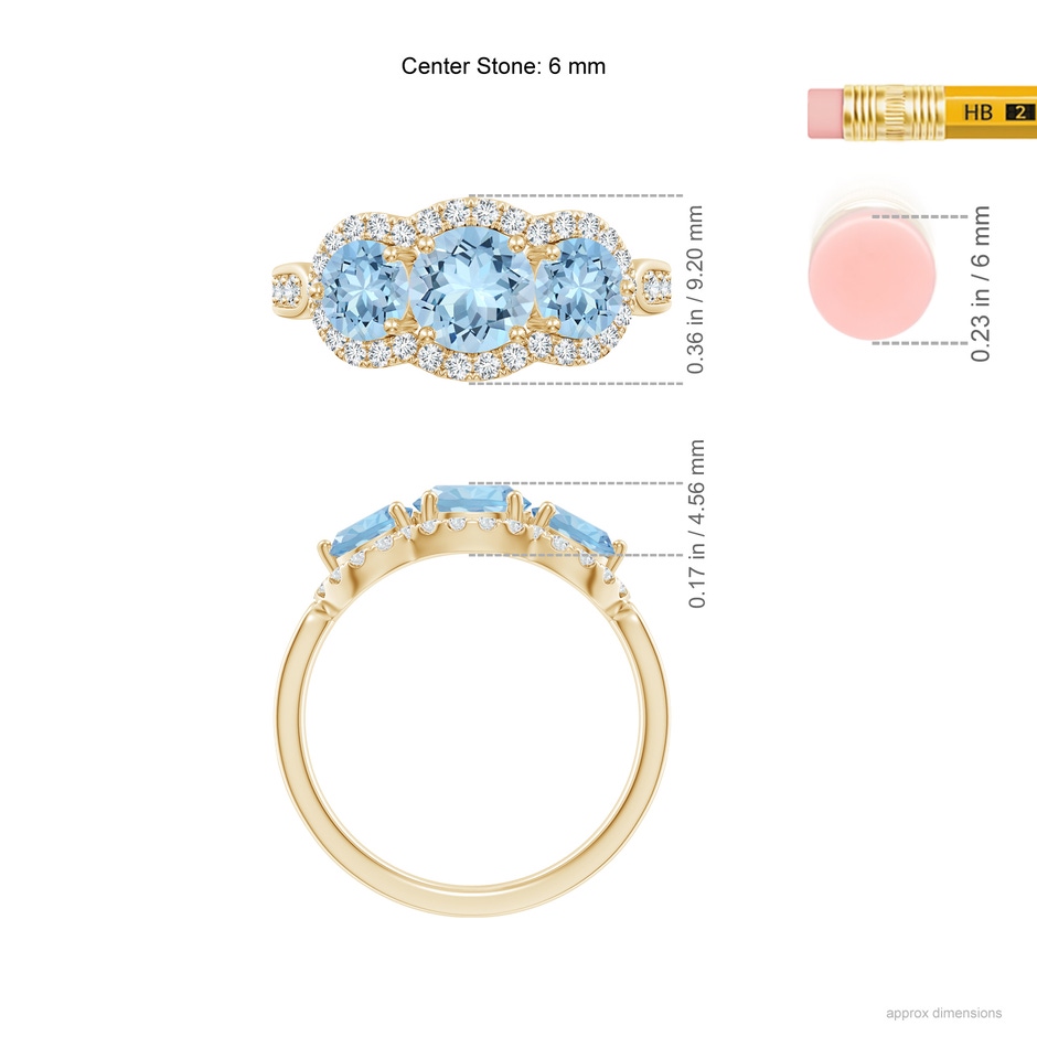 6mm AAA Floating Three Stone Aquamarine Ring with Diamond Halo in Yellow Gold ruler