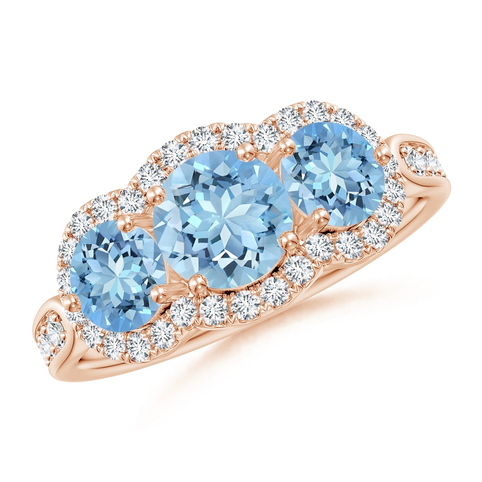 6mm AAAA Floating Three Stone Aquamarine Ring with Diamond Halo in 18K Rose Gold 