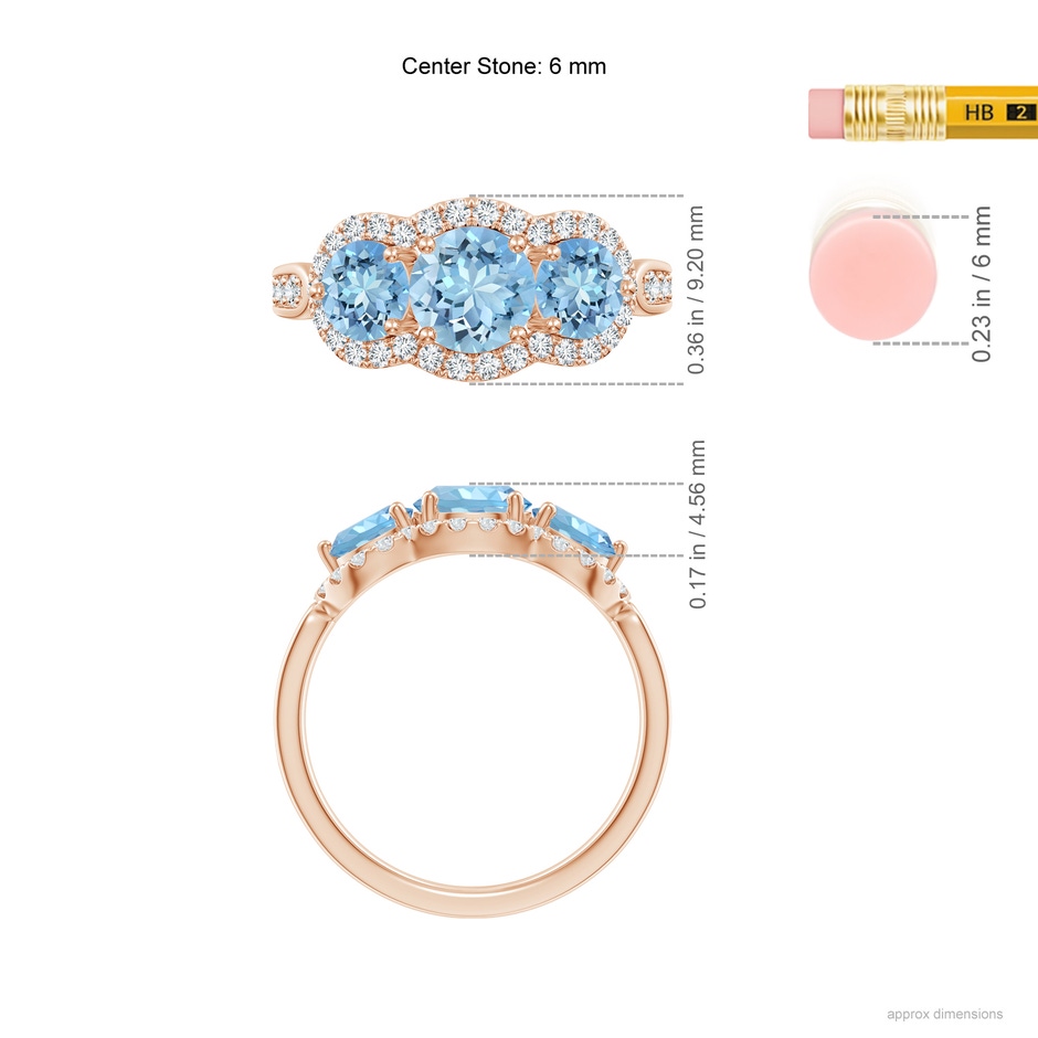 6mm AAAA Floating Three Stone Aquamarine Ring with Diamond Halo in 18K Rose Gold ruler