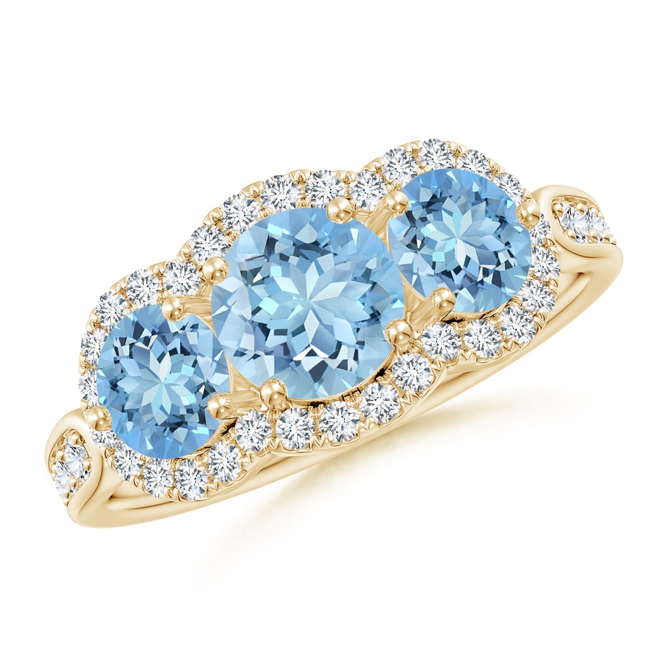 6mm AAAA Floating Three Stone Aquamarine Ring with Diamond Halo in 18K Yellow Gold 