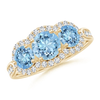 6mm AAAA Floating Three Stone Aquamarine Ring with Diamond Halo in 9K Yellow Gold