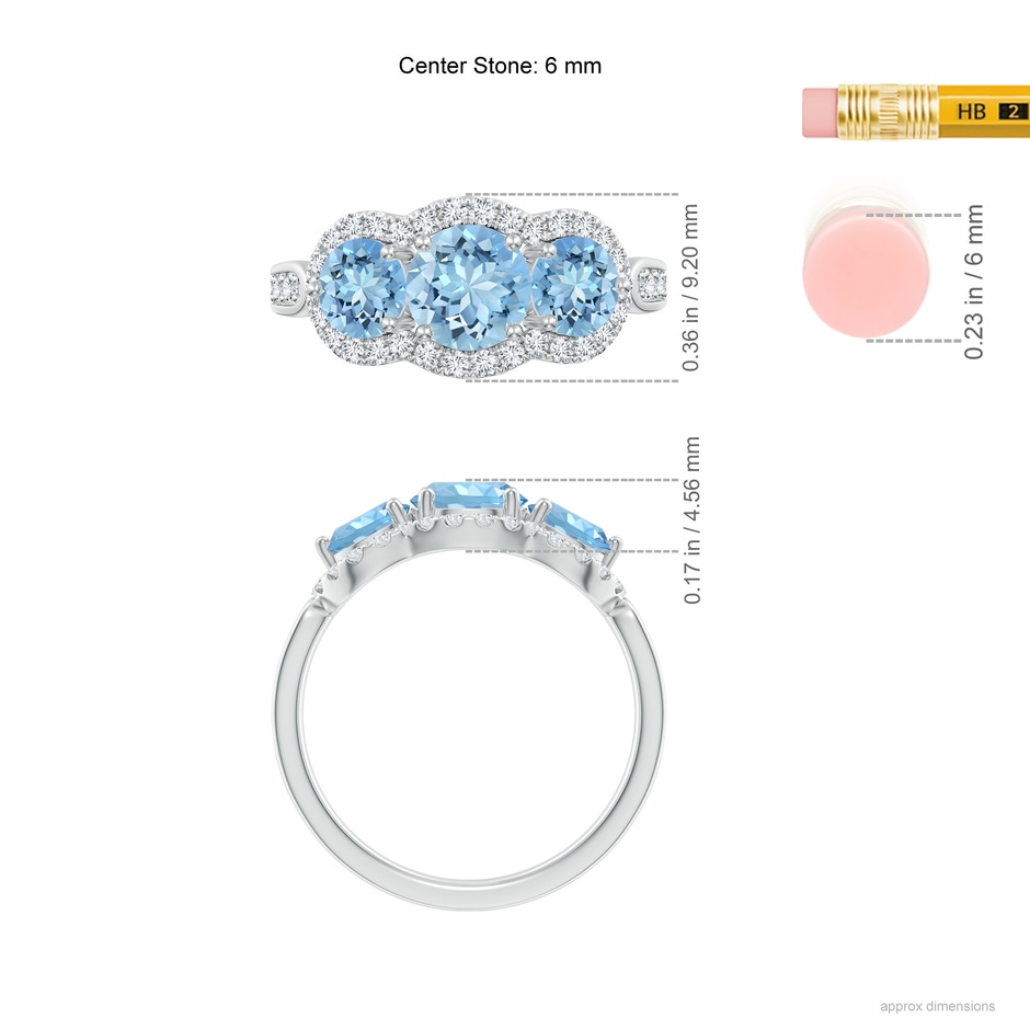 6mm AAAA Floating Three Stone Aquamarine Ring with Diamond Halo in White Gold Ruler