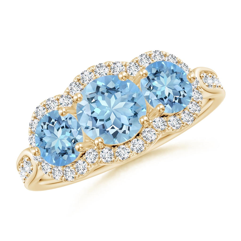 6mm AAAA Floating Three Stone Aquamarine Ring with Diamond Halo in Yellow Gold