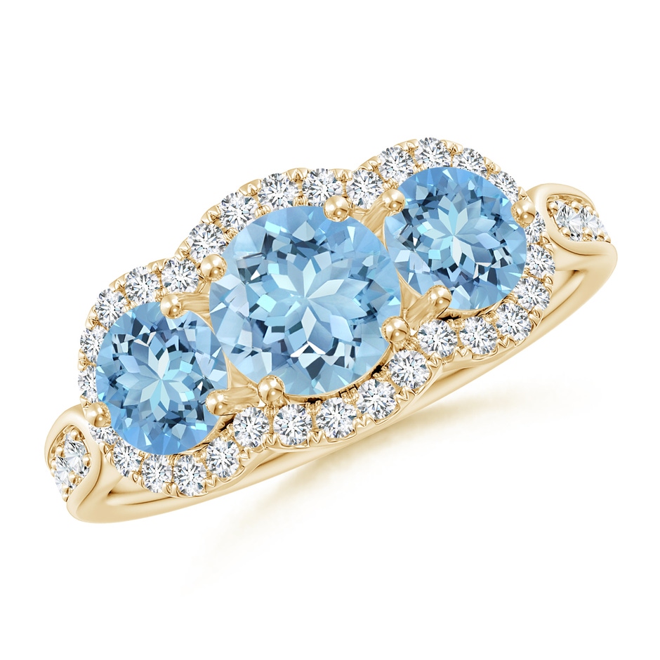 6mm AAAA Floating Three Stone Aquamarine Ring with Diamond Halo in Yellow Gold 