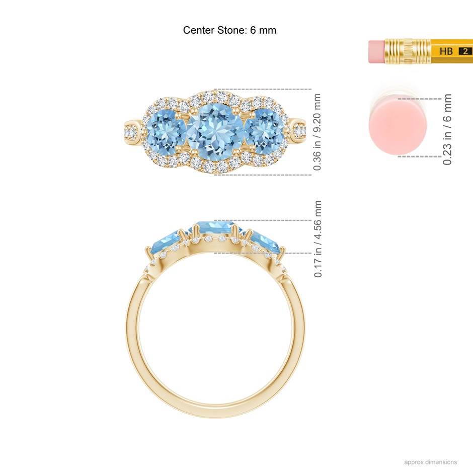 6mm AAAA Floating Three Stone Aquamarine Ring with Diamond Halo in Yellow Gold ruler