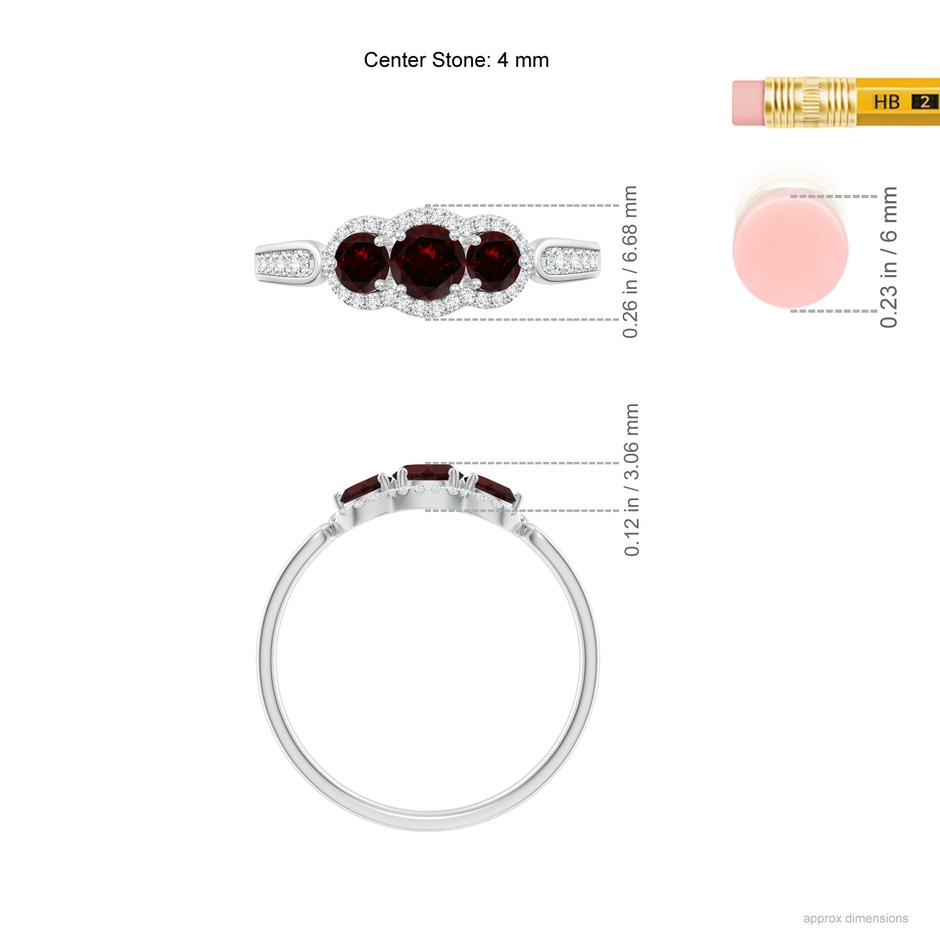 4mm A Floating Three Stone Garnet Ring with Diamond Halo in White Gold ruler