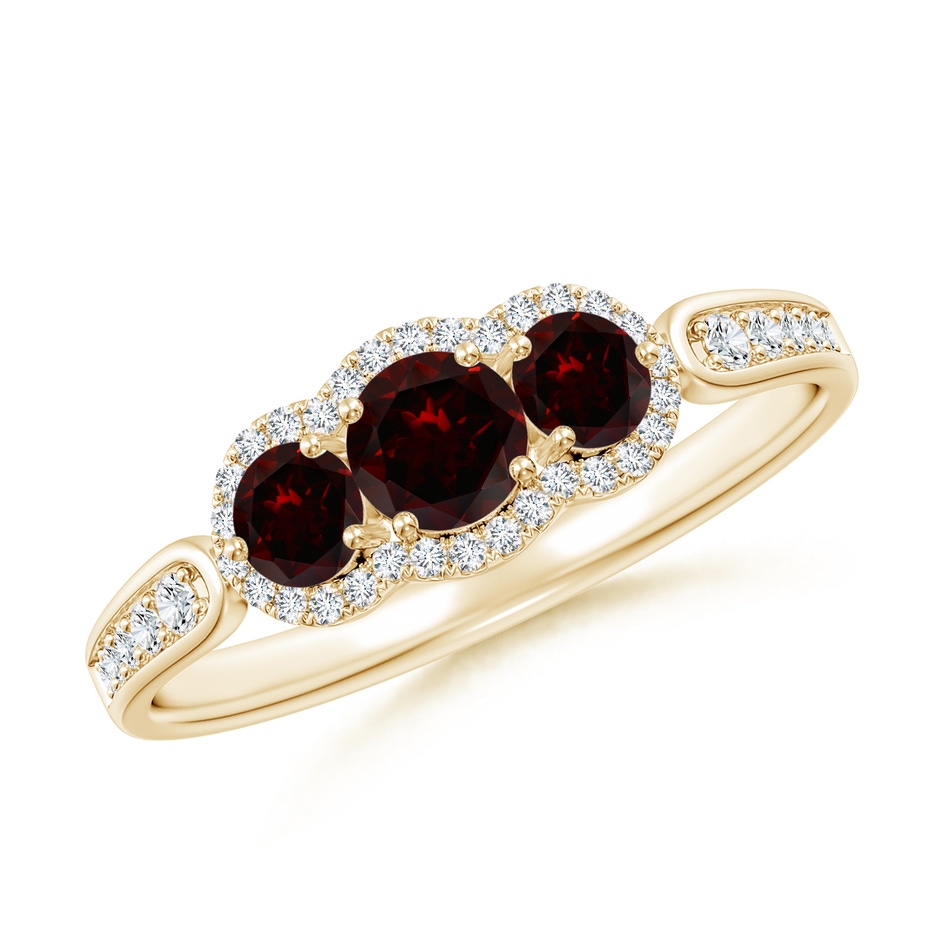4mm A Floating Three Stone Garnet Ring with Diamond Halo in Yellow Gold 