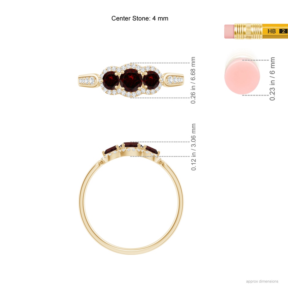4mm A Floating Three Stone Garnet Ring with Diamond Halo in Yellow Gold ruler