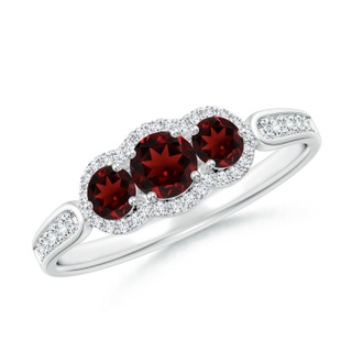 4mm AAA Floating Three Stone Garnet Ring with Diamond Halo in White Gold