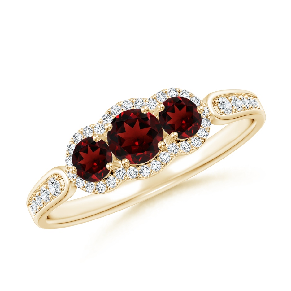 4mm AAA Floating Three Stone Garnet Ring with Diamond Halo in Yellow Gold 