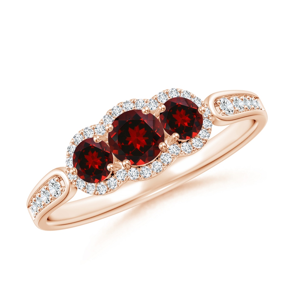 4mm AAAA Floating Three Stone Garnet Ring with Diamond Halo in Rose Gold 