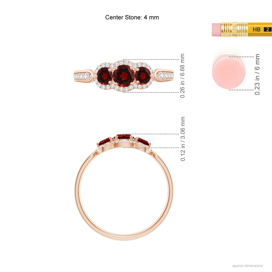 4mm AAAA Floating Three Stone Garnet Ring with Diamond Halo in Rose Gold ruler
