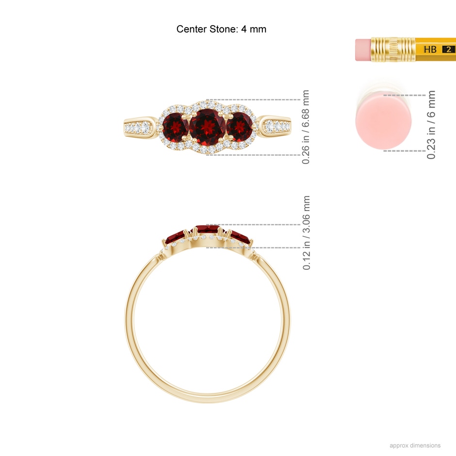 4mm AAAA Floating Three Stone Garnet Ring with Diamond Halo in Yellow Gold ruler